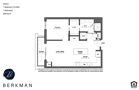 Floor plan for 1 bed, 1 bath, 734 sqft